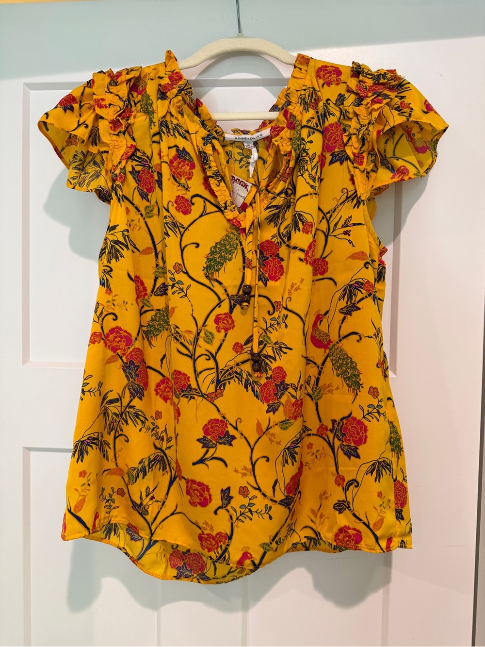 ROSE + OLIVE Bright Yellow Floral Ruffle Sleeve Women's Top-Size M